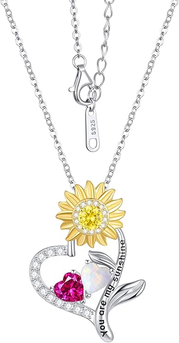 PERJI Valentine's Day Gifts for Women - 925 Sterling Silver Double Birthstone Sunflower Necklace, Anniversary Birthday Jewelry You are My Sunshine Gifts for Wife Couple Girlfriend 18"+2" Non Tarnish