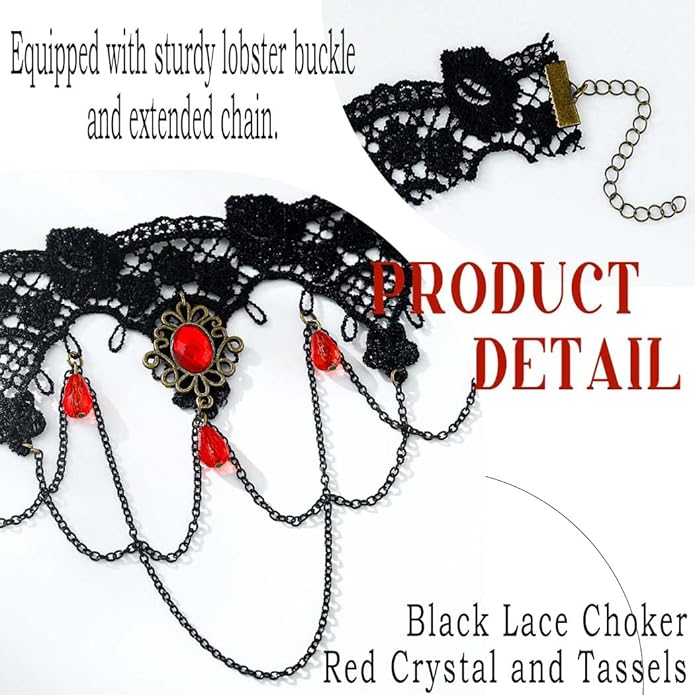 Gothic Black Choker Necklace Lace Collar Necklace Red Crystal Necklace Halloween Necklaces for Women
