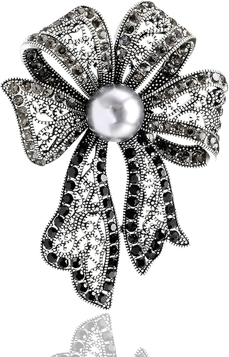 Elegant Vintage Silver Metal Bowtie Brooch with Black Pearl Accent - A Timeless Treasure for Every Occasion