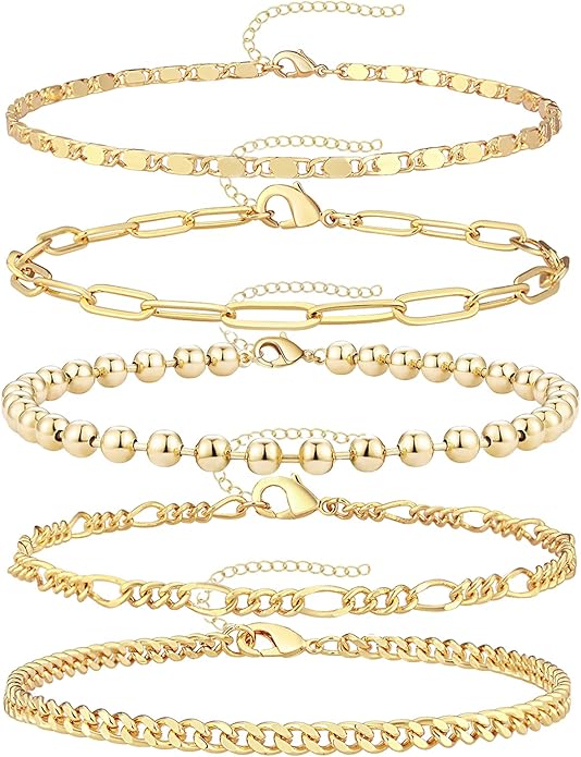 Gold Bracelets for Women Trendy,14K Gold Plated Dainty Stackable Paperclip Cuban Link Chain Bracelets, Simple Cute Cuff Bracelets Jewelry Set Adjustable 7"+2"