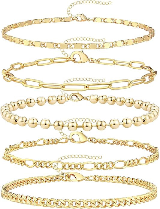 Gold Bracelets for Women Trendy,14K Gold Plated Dainty Stackable Paperclip Cuban Link Chain Bracelets, Simple Cute Cuff Bracelets Jewelry Set Adjustable 7"+2"