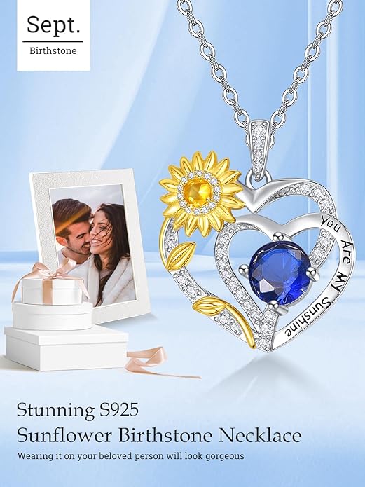 Zeuslia Double Birthstone Necklace Gifts for Wife - 925 Sterling Silver Sunflower/Rose/Crown Cross/Compass/Heart Pendant I Love You Necklace, Anniversary Birthday Gifts for Wife Girlfriend Mom Her