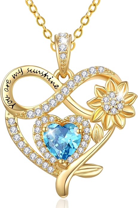 14K Gold Sunflower Heart Necklace for Women, You Are My Sunshine Jewelry with Birthstone Pendant, Anniversary Birthday Gifts for Her Wife Mom Grandma Daughter