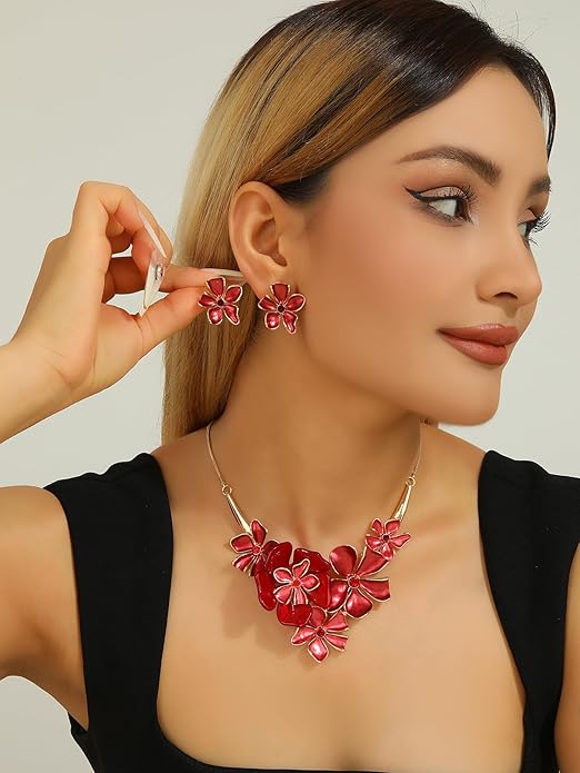 Chunky Statement Jewelry Set Vintage Retro Leaf Flower Floral Geometric Bohemian Boho Bib Necklace Earring Set Fashion Costume Jewelry for Women Girls Wedding Party Prom Unique Gift