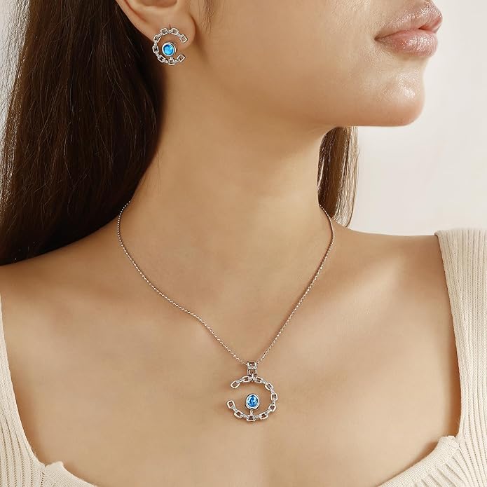 Ydou Elegant C-Shaped Crystal Necklaces/Stud Earrings Set with Birthstone Jewelry Set Silver Plated Fashion Jewelry for Women CS0003