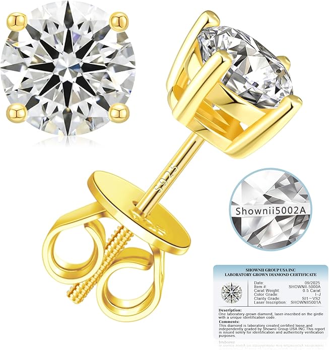 SHOWNII Diamond 4-Prong Lab-Grown Diamond Stud Earrings for Women 0.5CT 1CT 14K Gold Plated S925 Sterling Silver Screw Back Earrings(I-J Color, S1-VS2 Clarity)