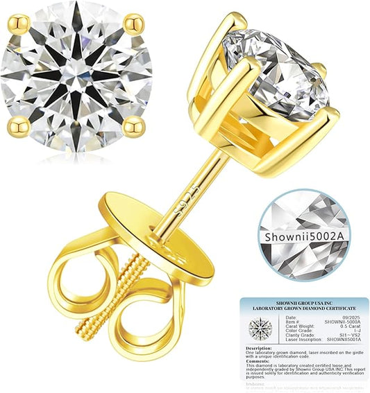 SHOWNII Diamond 4-Prong Lab-Grown Diamond Stud Earrings for Women 0.5CT 1CT 14K Gold Plated S925 Sterling Silver Screw Back Earrings(I-J Color, S1-VS2 Clarity)