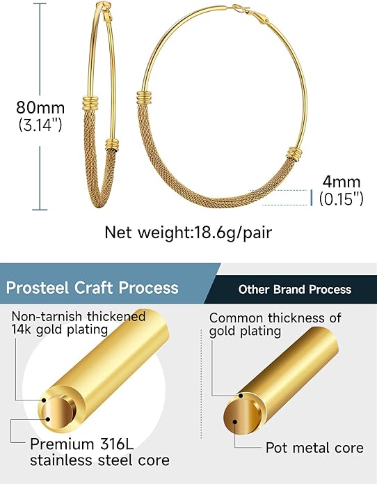 PROSTEEL 30/40/60/80/100mm Chunky Hoop Earrings For Women Gold Plated/Black Stainless Steel Hoops Earrings Statement Jewelry
