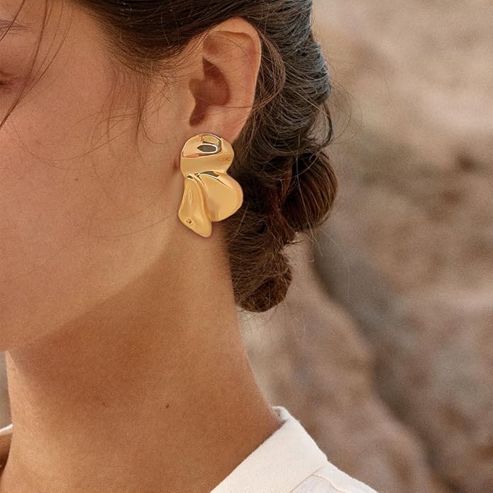 Chunky Gold Statement Earrings For Women Gold Plated Sectored Flower Leaf Shell Angel Wing Earrings Large Stud Earrings Hypoallergenic Earrings