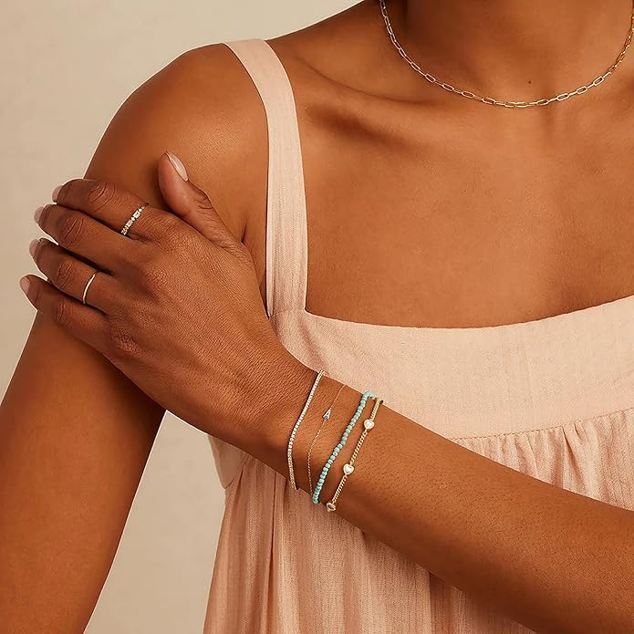 Gold Bracelets for Women,14K Dainty Gold Plated Bracelets Non Tarnish Waterproof Diamond Bracelets Heart Flower Round Square CZ Charm Bracelet Trendy Stuff Jewelry Gifts for Her