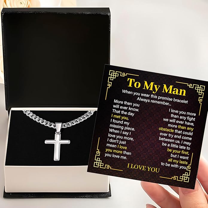FLAGISTA To My Man Cross Necklace, Stainless Steel Cross Pendant with Adjustable Cuban Link Chain, Meaningful Gift for Him.