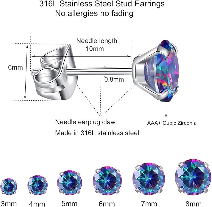 6 Pairs Stud Earrings Set, Hypoallergenic Cubic Zirconia Earrings 316L Stainless Steel CZ Earrings 3-8mm