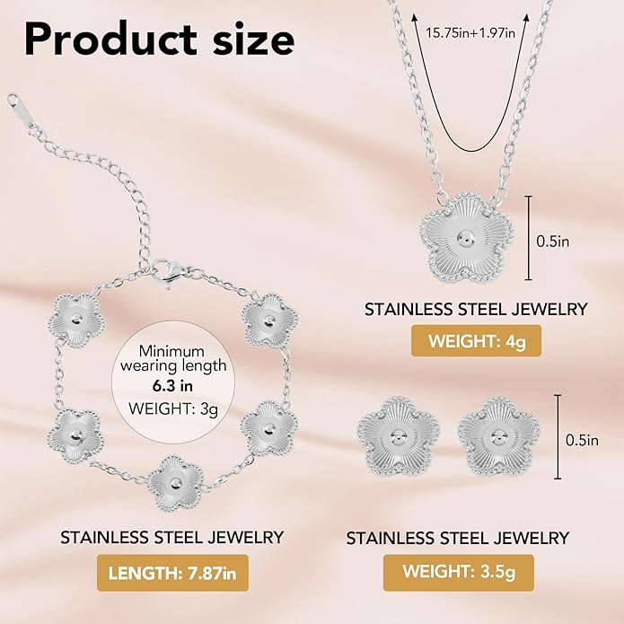 Snyxdrae Hypoallergenic Women's Four Leaf Clover Jewelry Set 14K Gold-Plated Stainless Steel Clover Necklace Bracelet Earrings Fashionable And Exquisite Daily for Women Accessory Gift