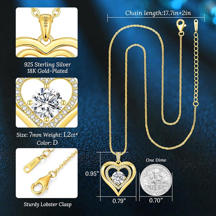 Moissanite Heart Pendant Necklaces for Women, 925 Sterling Silver Necklace Engraved with 'I LOVE YOU', Ideal Anniversary Birthday Christmas Valentine Mothers Day Jewelry Gifts for Mom Wife Girlfriend Daughter Her