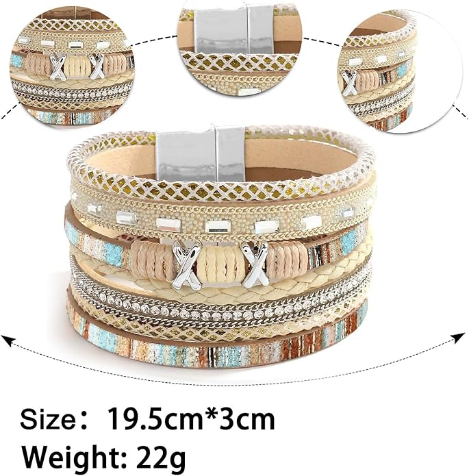 Fesciory Leopard Bracelet for Women, Boho Leather Wrap Multi-Layer Pearl Crystal Bracelet Bangle Jewelry