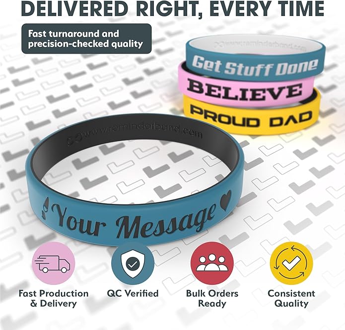 Reminderband Custom 100% Silicone Luxe Wristbands – Personalized Motivational Bracelets, Bulk Rubber Bands for Events, Fundraisers, Awareness, Gifts - Hypoallergenic Bands