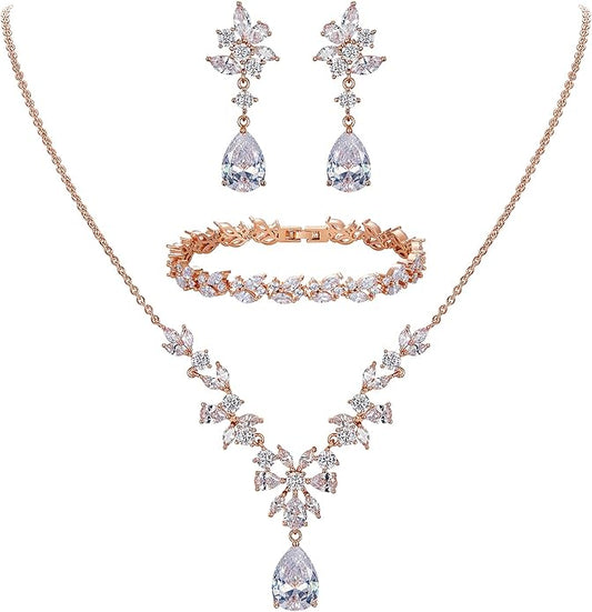 EleQueen Women's Wedding Bridal Jewelry Set for Brides Bridesmaids, Silver/14K Gold/Rose Gold Plated Cubic Zirconia Teardrop Necklace Dangle Earrings Bracelet Sets for Party Prom