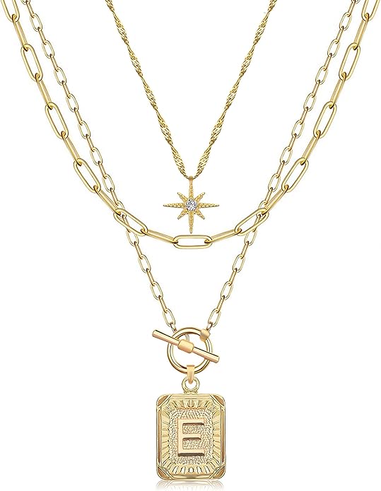 MJartoria Layered Initial Necklaces for Women Trendy, 14K Gold Plated Brass Simple Star Choker Square Letter Pendant Necklace, Paperclip Chain Necklaces Jewelry Gifts