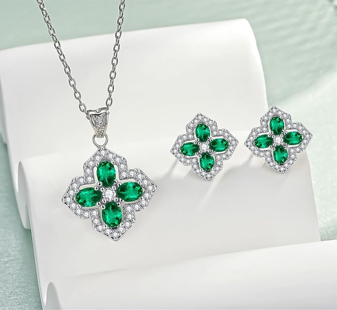 VONSSY Four Leaf Clover Necklace Earrings Shamrock Irish ST Patricks Jewelry Set Gift Green Emerald Zircon Crystal Stud 18k Gold Plated Chain Saint Pendant for Woman Wife Girlfriend