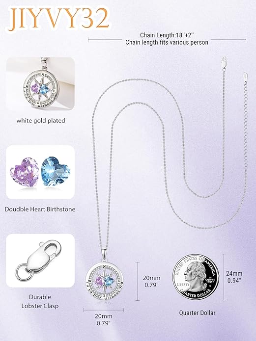 Compass Birthstones Necklace for Women, Exquisite Anniversary Birthday Gifts for Wife Her Double Birthstone Pendant jewelry ‘I'd be Lost Without You’