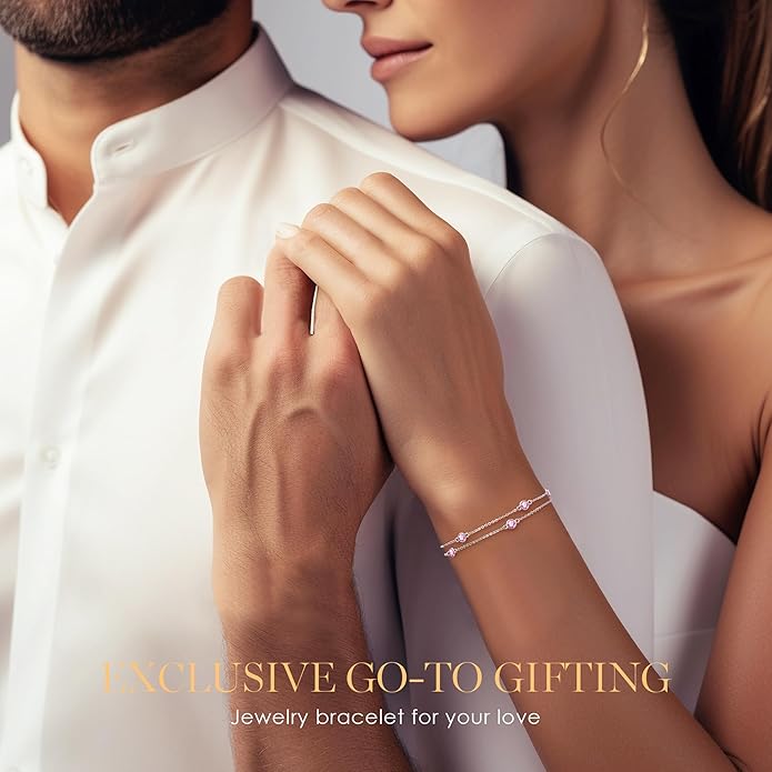 LOUISA SECRET Birthstone Bracelets for Women, 925 Sterling Silver Charm Link Double Strand Bracelet, Birthday Anniversary Christmas Jewelry Gifts for Wife Girlfriend Mother her…