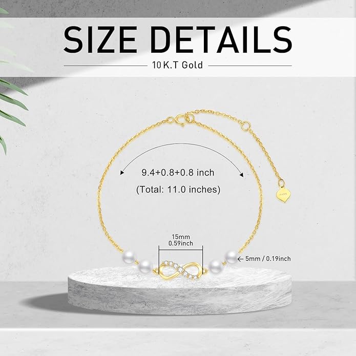 SISGEM 10k Gold Infinity Anklet for Women, Real Freshweter Cultured Pearl and Created Moissanite Love Jewelry Ankle Bracelet for Her, 9.4-11 Inches