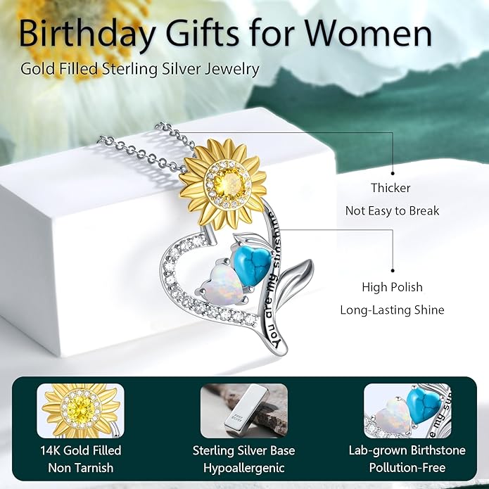 PERJI Valentine's Day Gifts for Women - 925 Sterling Silver Double Birthstone Sunflower Necklace, Anniversary Birthday Jewelry You are My Sunshine Gifts for Wife Couple Girlfriend 18"+2" Non Tarnish