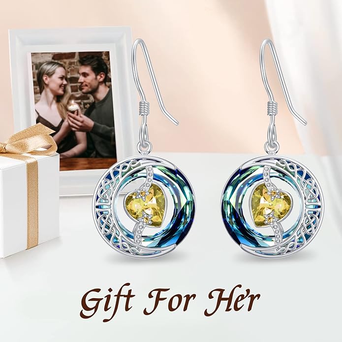 TOUPOP Birthstone Earrings for Women 925 Sterling Silver Moon and Star Dangle Earrings with Blue Crystal BirthdayJewelry Christmas Gifts for Women