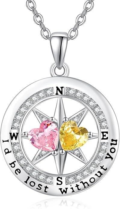 JIYVY32 Compass Birthstones Necklace for Women, Exquisite S925 Necklace Anniversary Birthday Gifts for Wife Her Double Birthstone Pendant jewelry ‘I'd be Lost Without You’