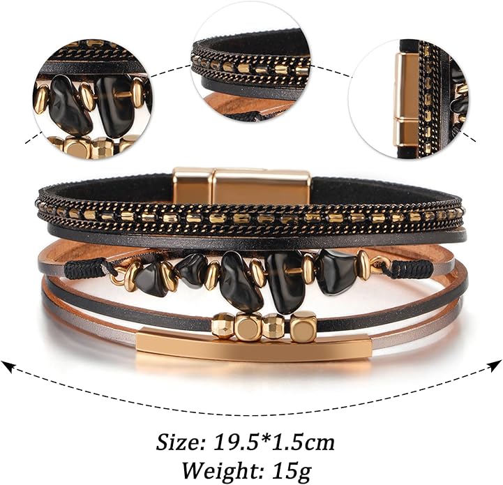 Fesciory Leather Wrap Bracelets for Women, Boho Leopard Multi-Layer Crystal Beads Cuff Bracelet Jewelry