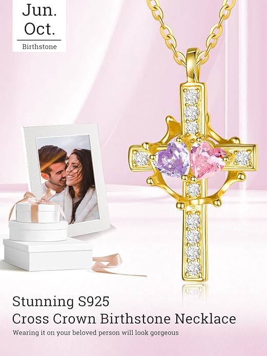 Zeuslia Double Birthstone Necklace Gifts for Wife - 925 Sterling Silver Sunflower/Rose/Crown Cross/Compass/Heart Pendant I Love You Necklace, Anniversary Birthday Gifts for Wife Girlfriend Mom Her