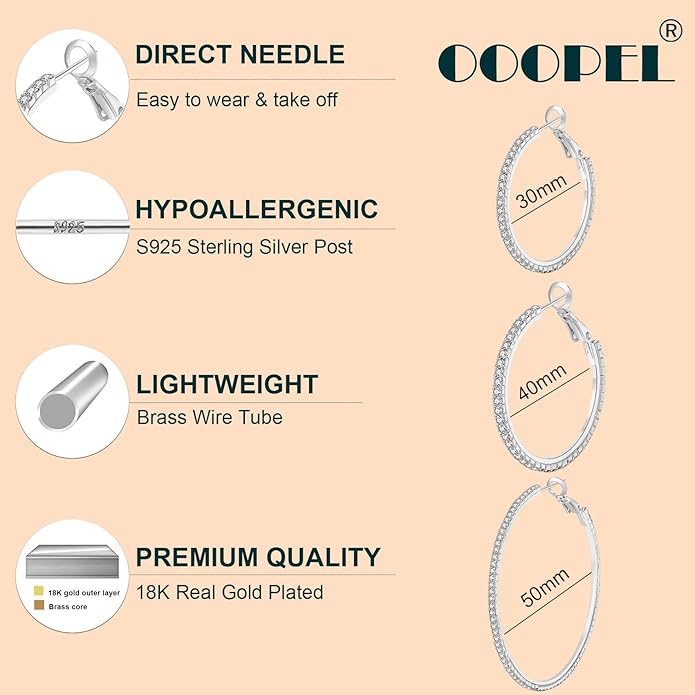 925 Sterling Silver Earrings Large Rhinestone Hoop Earrings Big Cubic Zirconia Hoop Earrings Thin Rhinestones Round Hoop Earrings for Women 20/30/40/50/60/70mm Sparkly Hoops With Crystals for Womens