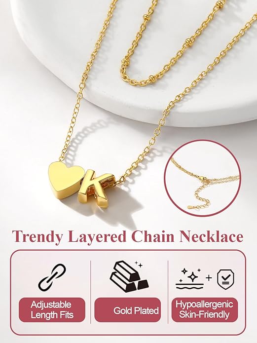 FOCALOOK Layered Initial Necklace for Women, 14K Gold Plated Choker Necklaces Stacks with Initial A-Z, Dainty Silver Heart Pendant Necklace Personalized Birthday Women Jewelry