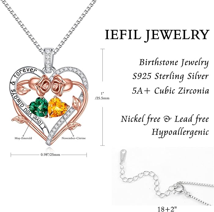 Iefil Rose Heart Double Birthstone Necklace Gifts for Wife Her Mom Women, Birthstone Jewelry Gemstone Birthday Gifts for Girlfriend Grandma Her Wife Women