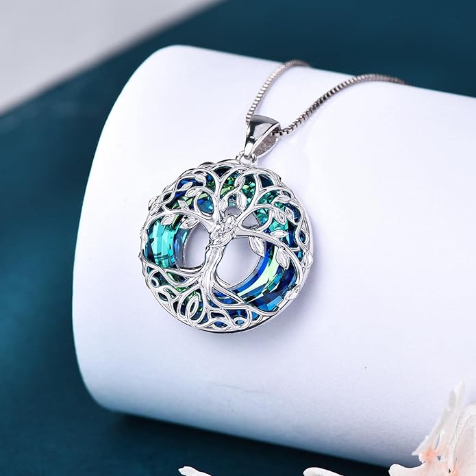 HOTIE Tree of Life Crystal Necklace for Women Sterling Silver Couples Hug Tree Pendant Necklaces Gifts for Wife Anniversary Birthday Christmas