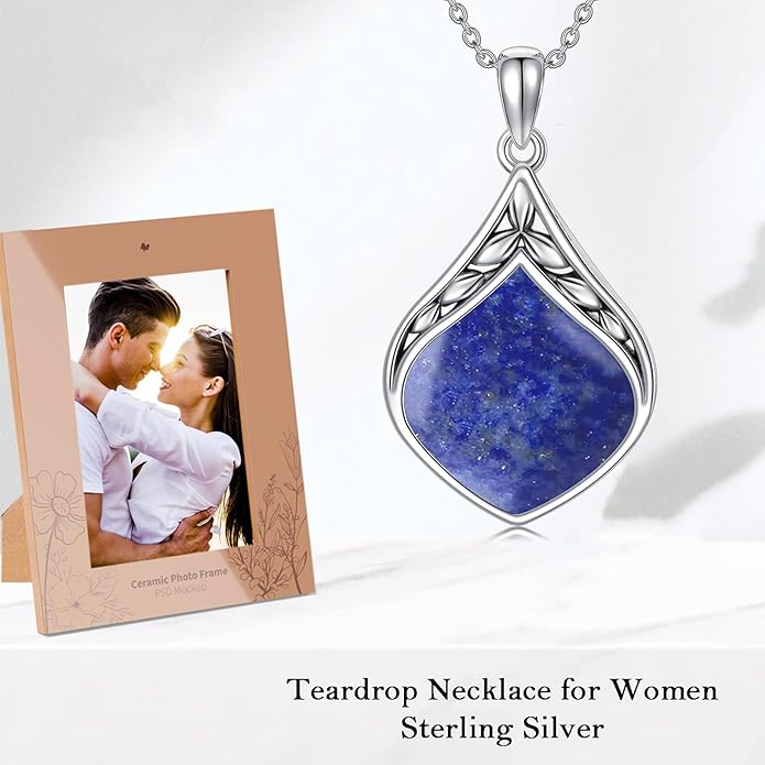Teardrop Necklace 925 Sterling Silver Vintage Natural Gemstone Pendant Jewelry Birthday Christmas Gifts for Women Mom