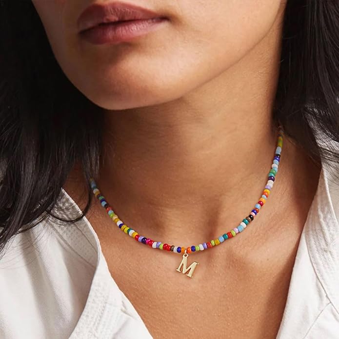 Yoosteel Colorful Beaded Initial Necklaces for Girls Gifts - Cute Choker Necklace for Kids Jewelry A-Z Initial Necklaces for Women Personalized Birthday Gifts for Teenage Girls