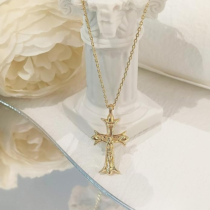 Partm Gold Cross Necklace for Women 14K Plated Dainty Pendant Cross Chain Faith Crucifix Choker Baptism Necklace for Women Trendy Religious Jewelry Hypoallergenic