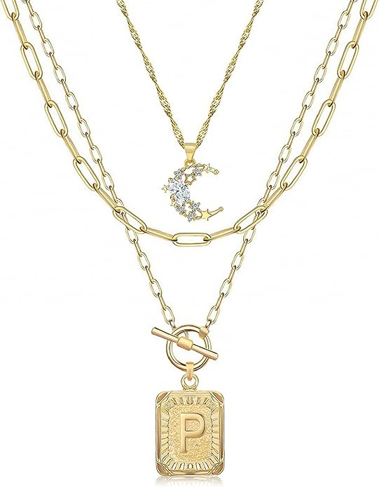 MJartoria Layered Initial Necklaces for Women Trendy, 14K Gold Plated Brass Simple Moon Choker Square Letter Pendant Necklace, Paperclip Chain Necklaces Jewelry Gifts