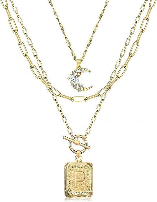 MJartoria Layered Initial Necklaces for Women Trendy, 14K Gold Plated Brass Simple Moon Choker Square Letter Pendant Necklace, Paperclip Chain Necklaces Jewelry Gifts