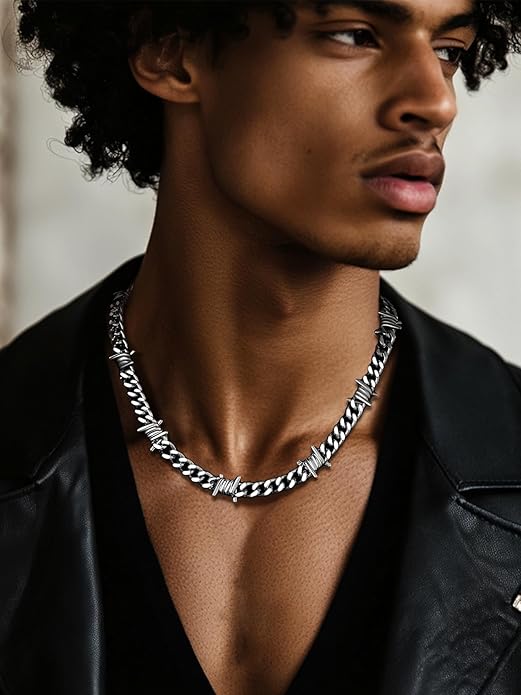 Bestyle Barbed Wire Necklace 5/7/9/12mm Mens Chain Necklaces Hip-hop Punk Gothic Stainless Steel Chain Heavy Thick Cuban Link Chain for Men Women, Length 16/18/20 Inch