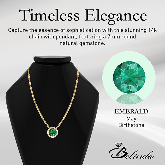 14K Gold Necklace for Women - 7mm Round Natural Gemstone Pendant with 18" Gold Chain - Trendy Birthstone Statement Fine Jewelry - Yellow Gold, Elegant Women's Accessories