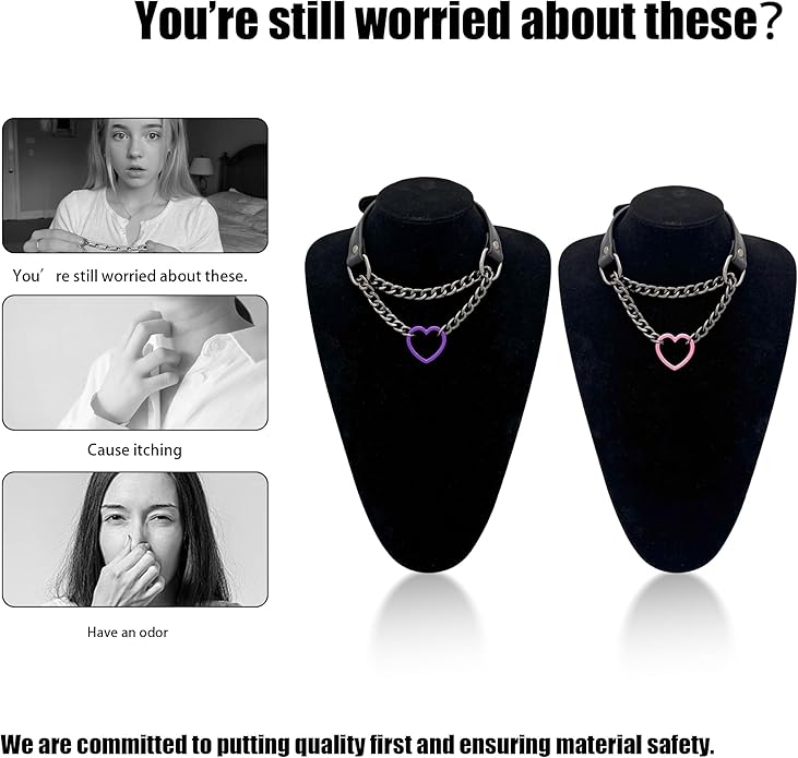 Black Leather Choker Collar For Women, Handmade Heart Slip Chain Choker Long Necklace with Adjustable Buckle