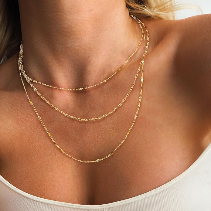 Layered Necklaces for Women, Dainty 14K Gold Plated Herringbone Chain Necklace Set Chunky Gold Necklace Stack Layering Choker Necklaces for Women Trendy Fashion Waterproof Jewelry