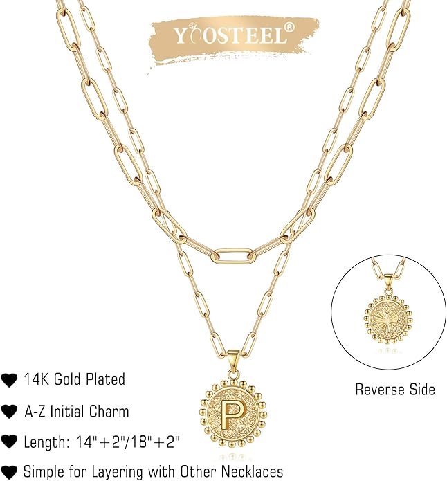 Yoosteel Gold Initial Necklaces for Women, 14K Gold Plated Dainty Layering Paperclip Link Chain Necklace Coin Initial Layered Necklaces for Women Personalized Birthday Gifts