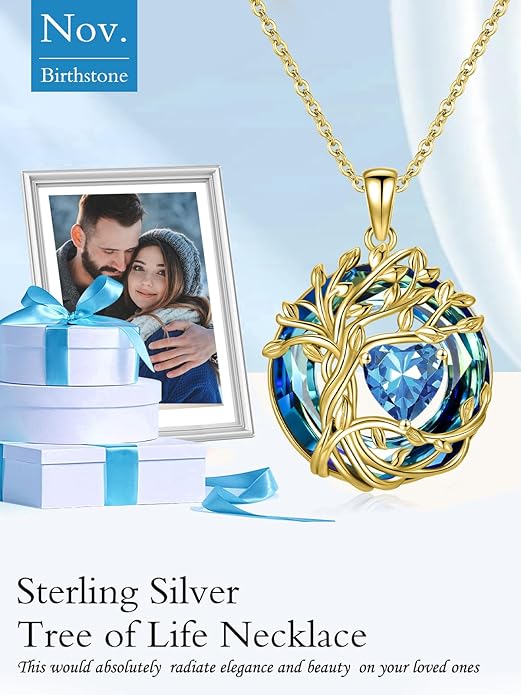 TOUPOP Tree of Life Birthstone Necklace 925 Sterling Silver Pendant Austrian Crystal Jewelry Anniversary Birthday Christmas Gifts for Women Mom Her Wife