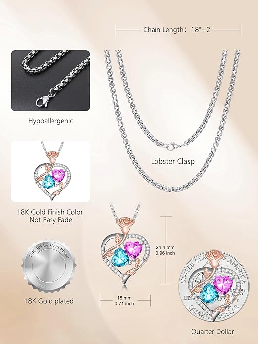 Christmas Gifts for Women Rose Heart Birthstone Pendant Necklace I Love You Forever Jewelry Valentine Mothers Day Birthday Gifts for Women Her Wife Girlfriend