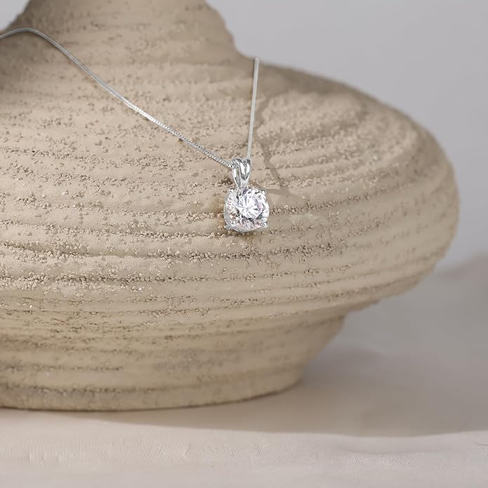 Everyday Elegance Solid 14K Gold Cubic Zirconia Solitaire Pendant Necklace for Women Heart, Princess, Round, Oval, Emerald, Pear & Cushion Cut 1 or 2 CTW | .60mm Thick 16" 18" Length Box Link Chain