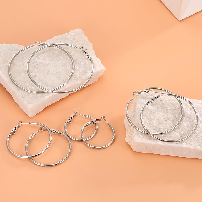 4 Pairs Silver Gold Hoop Earrings for Women | 14K Gold Plated Hoop Earrings Set Hypoallergenic Earring Lightweight Dangle Earrings Set