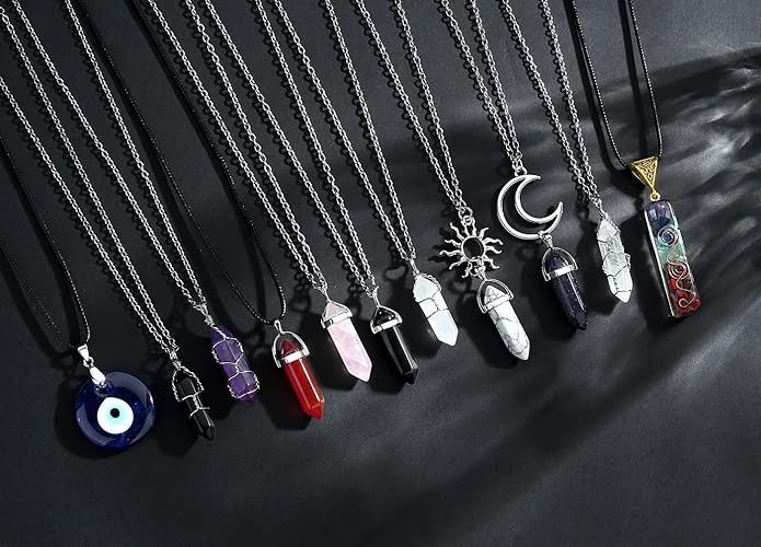 XIANNVXI 11 Pcs Crystal Necklaces for Women, Evil Eye Boho Chakra Hippie Pendant Beach Jewelry Set, Gifts